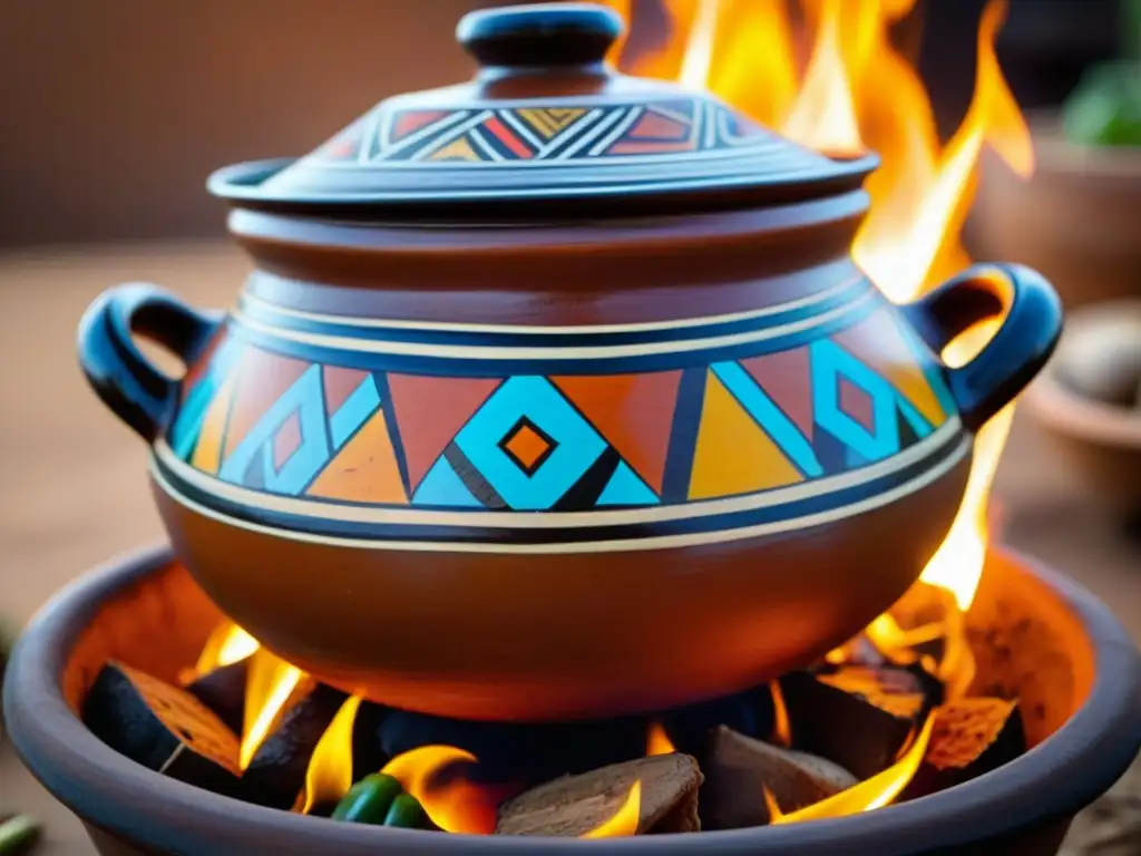 Olla de barro africana: tradición culinaria llena de color y sabor Una olla africana llena de guiso tradicional sobre fuego, resaltando la historia de la dieta precolonial africana