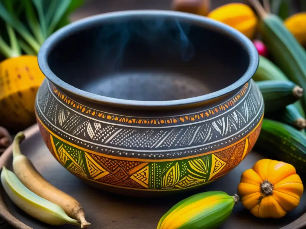 Una olla africana llena de ingredientes vibrantes, evocando recetas históricas de África precolonial