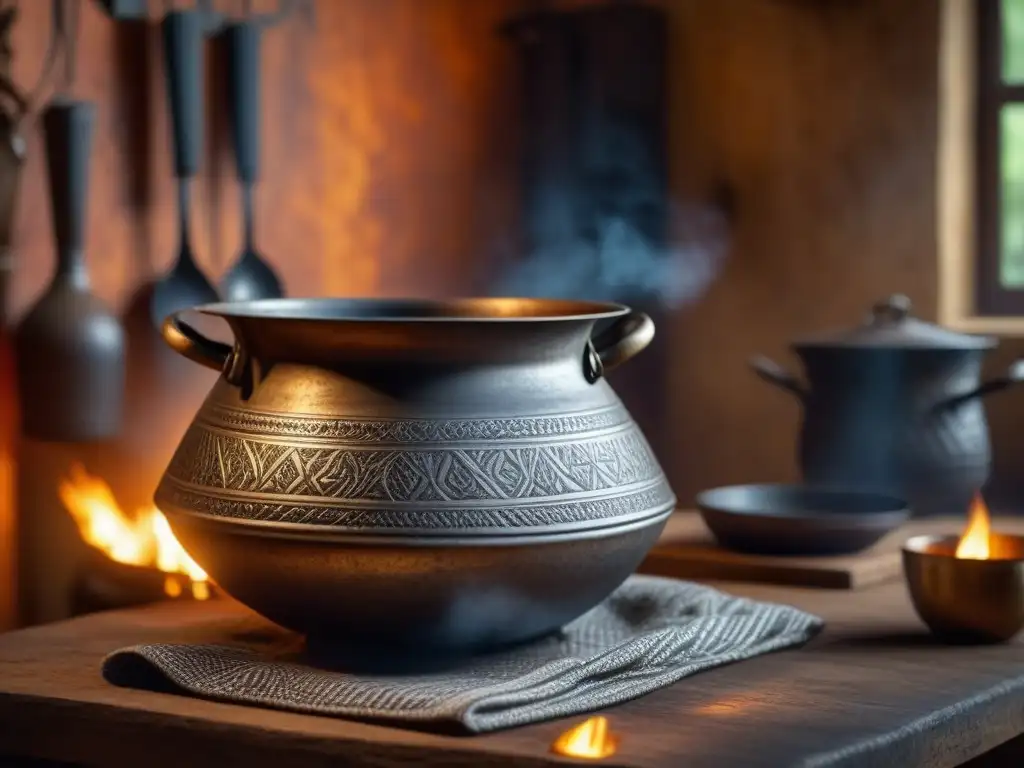 Una olla antigua y desgastada con patrones intrincados, iluminada por llamas en una cocina rústica, evocando la fuerza de las mujeres africanas en la cocina