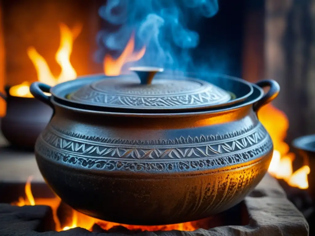 Olla ancestral: tradiciones culinarias en detalle Una olla antigua llena de estofado burbujeante, revelando patrones culturales en su superficie
