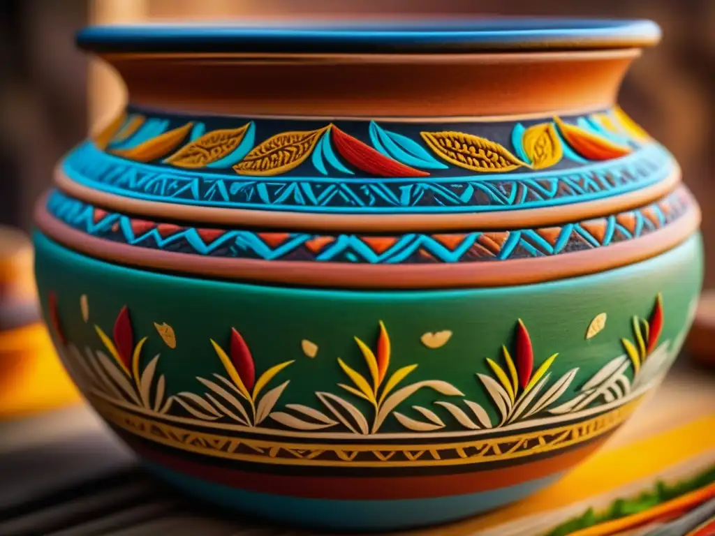 Receta ancestral: detalle de antigua vasija con ingredientes vibrantes Una olla antigua llena de ingredientes históricos reconstruidos, iluminados por una luz cálida