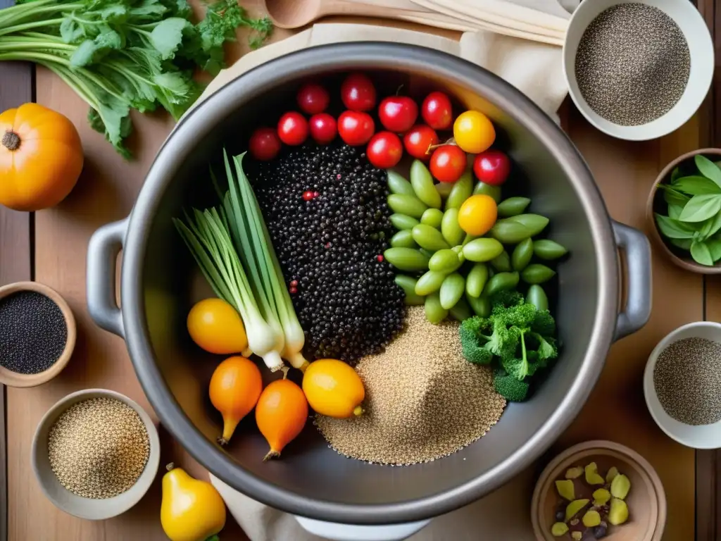 Una olla antigua llena de ingredientes tradicionales rodeada de recetas históricas en pergamino en una mesa de madera