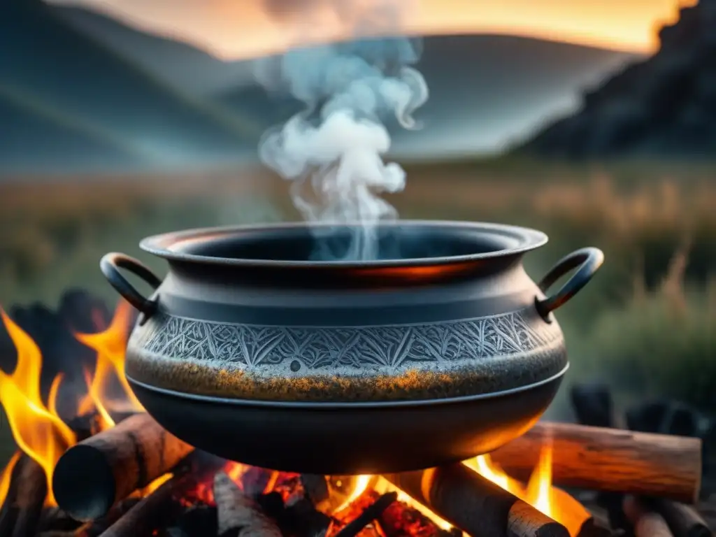 Una olla antigua, negra por el tiempo, cuelga sobre el fuego