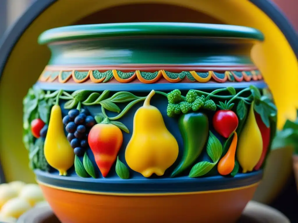 Una olla de arcilla con frutas y verduras en conservación de alimentos métodos antiguos, sellada con cera de abejas