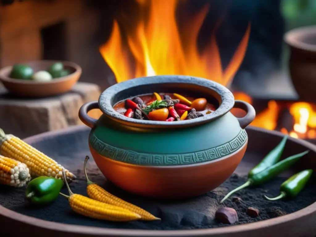 Una olla azteca de barro hierve sobre fuego, con un guiso de sabores autóctonos