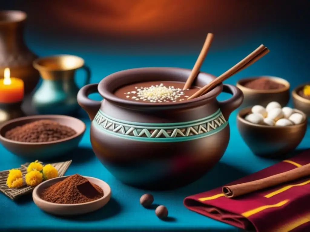 Una olla azteca repleta de champurrado de chocolate, canela y maíz tostado, sobre textiles coloridos