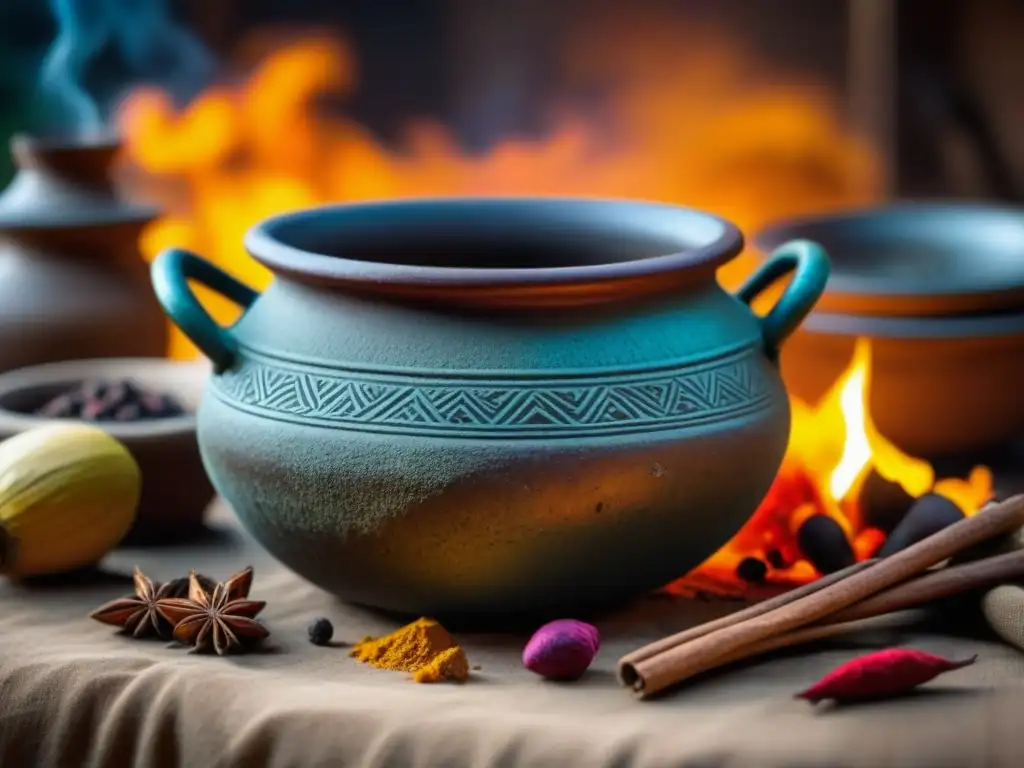 Una olla de barro africana en brasas, especias coloridas y vapor, reflejando la cocina colonial africana conflictos sincretismo