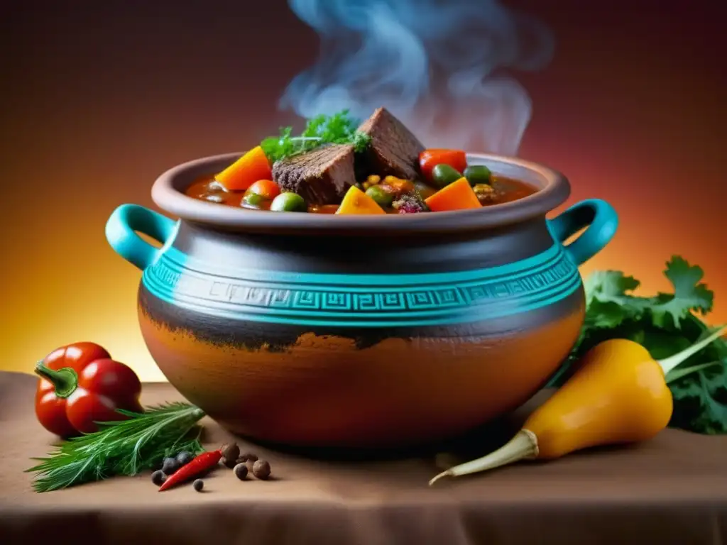 Una olla de barro africana burbujeante con estofado, colores vibrantes y texturas intrincadas, evocando la cocina africana recetas históricas