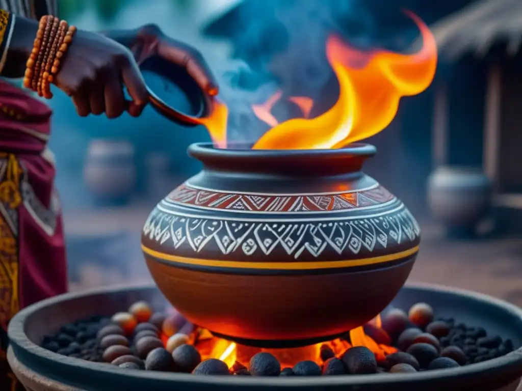 Una olla de barro africana llena de estofado burbujeante sobre brasas ardientes, decorada con patrones tribales