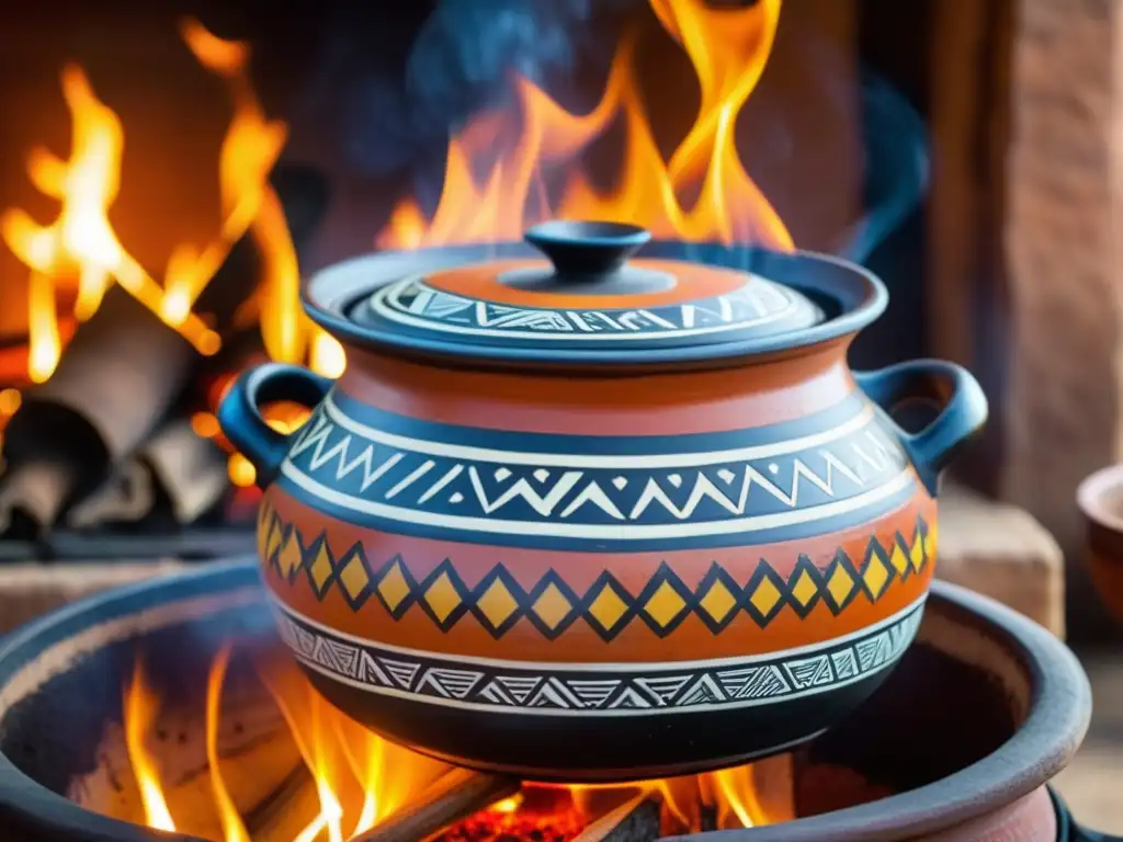 Una olla de barro africana llena de guiso aromático, adornada con patrones geométricos