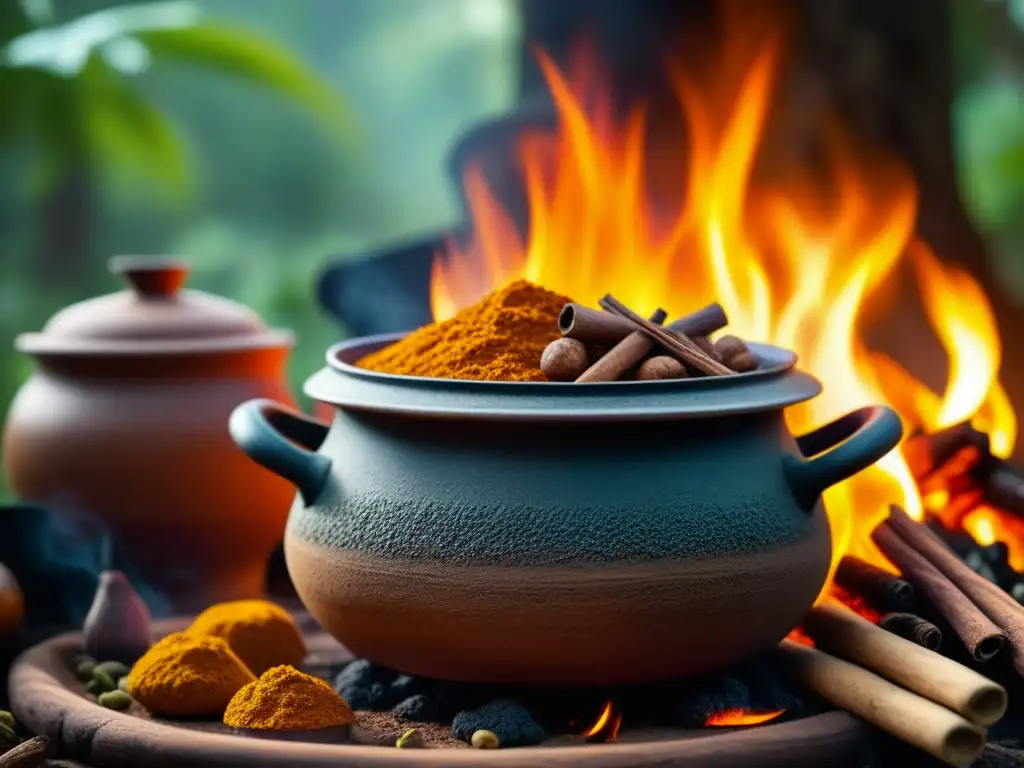 Una olla de barro africana tradicional cocinando sobre fuego, rodeada de especias vibrantes, en un escenario natural con historia cultural moderna