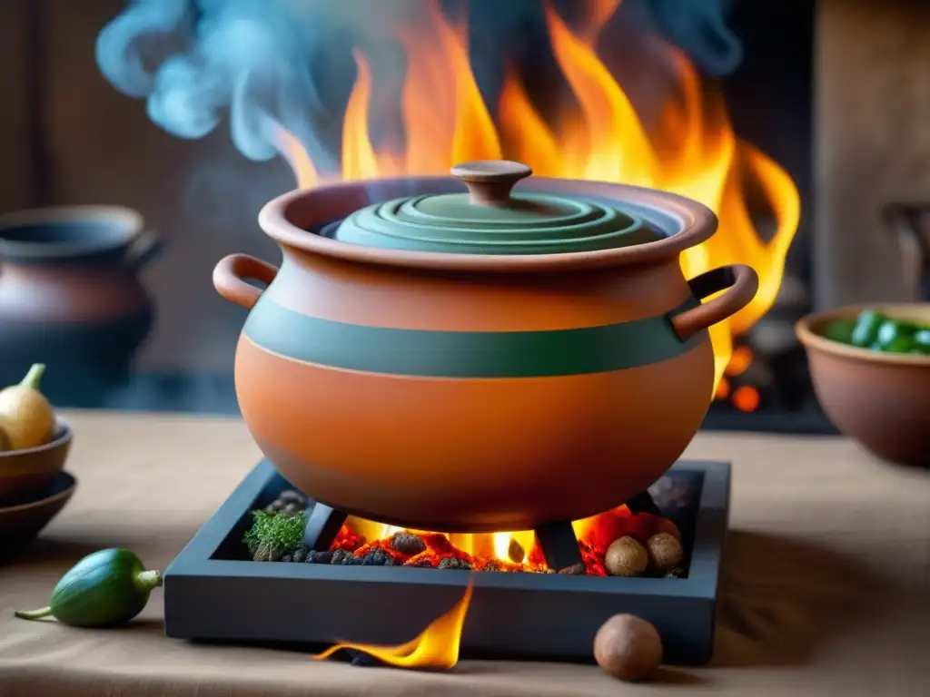 Una olla de barro africana tradicional con especias, vegetales y fuego, reflejo de la adaptación de recetas africanas a influencias coloniales