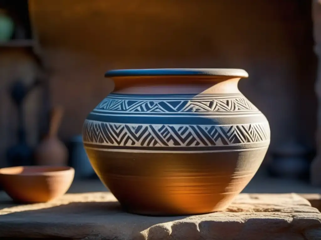 Una olla de barro antigua en una cocina histórica, mostrando patrones y texturas detallados