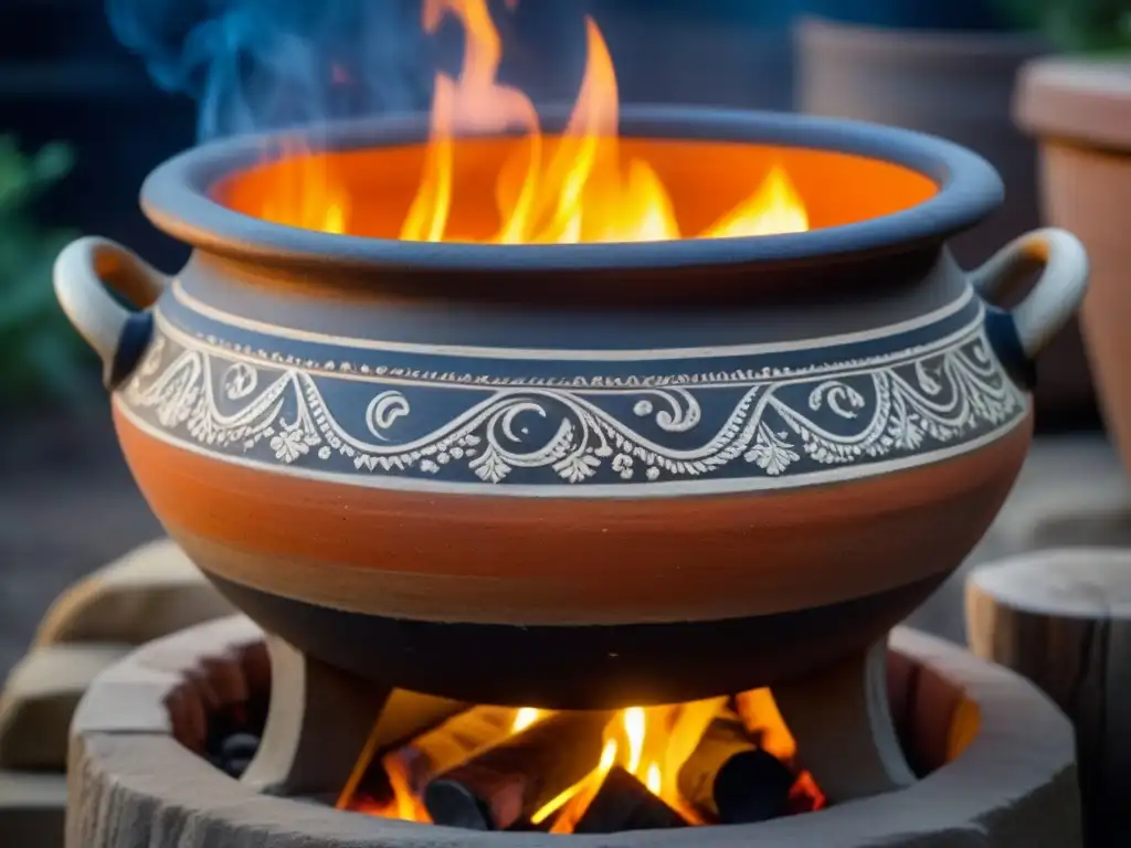 Una olla de barro antigua sobre fuego, cocinando un guiso, iluminada por la luz de las llamas