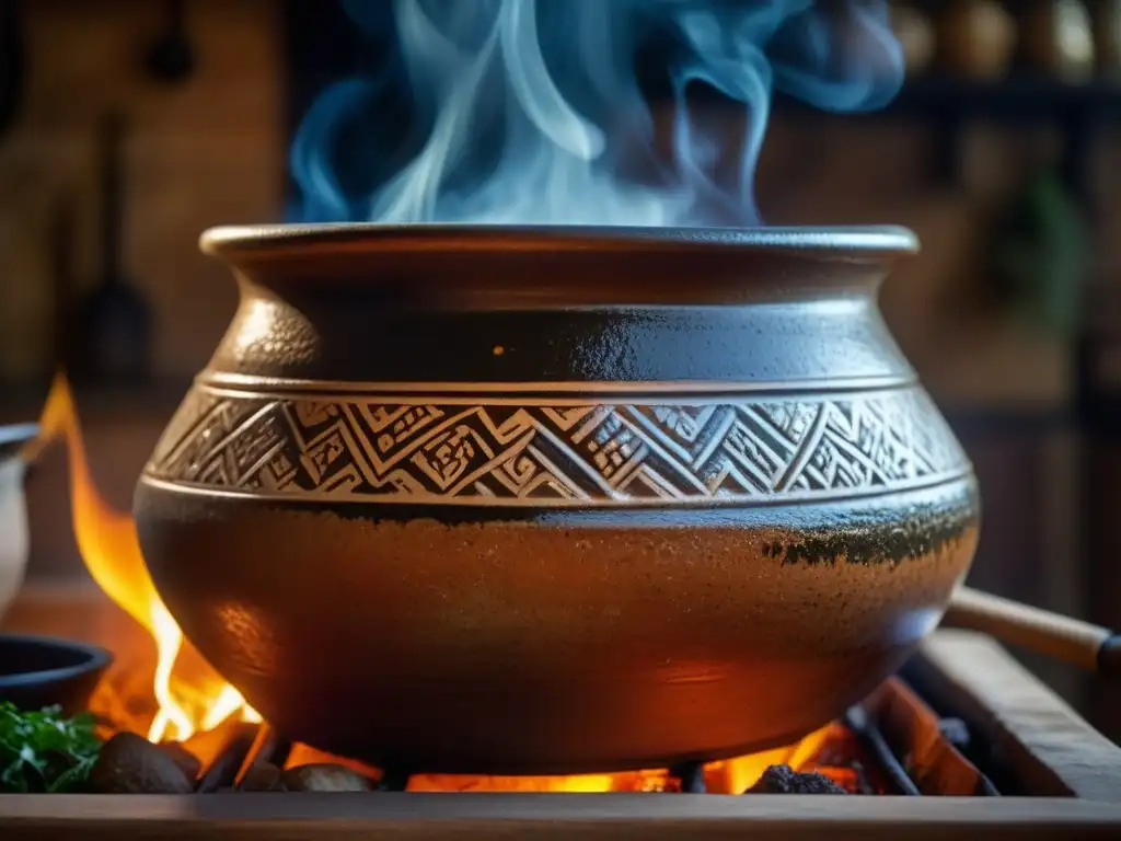 Una olla de barro antigua sobre fuego, cocinando un guiso