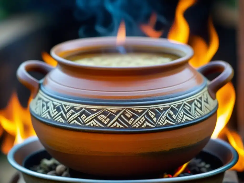 Una olla de barro antigua en el fuego con guiso tradicional, evocando la cocina histórica y el papel de las ollas de barro en la gastronomía