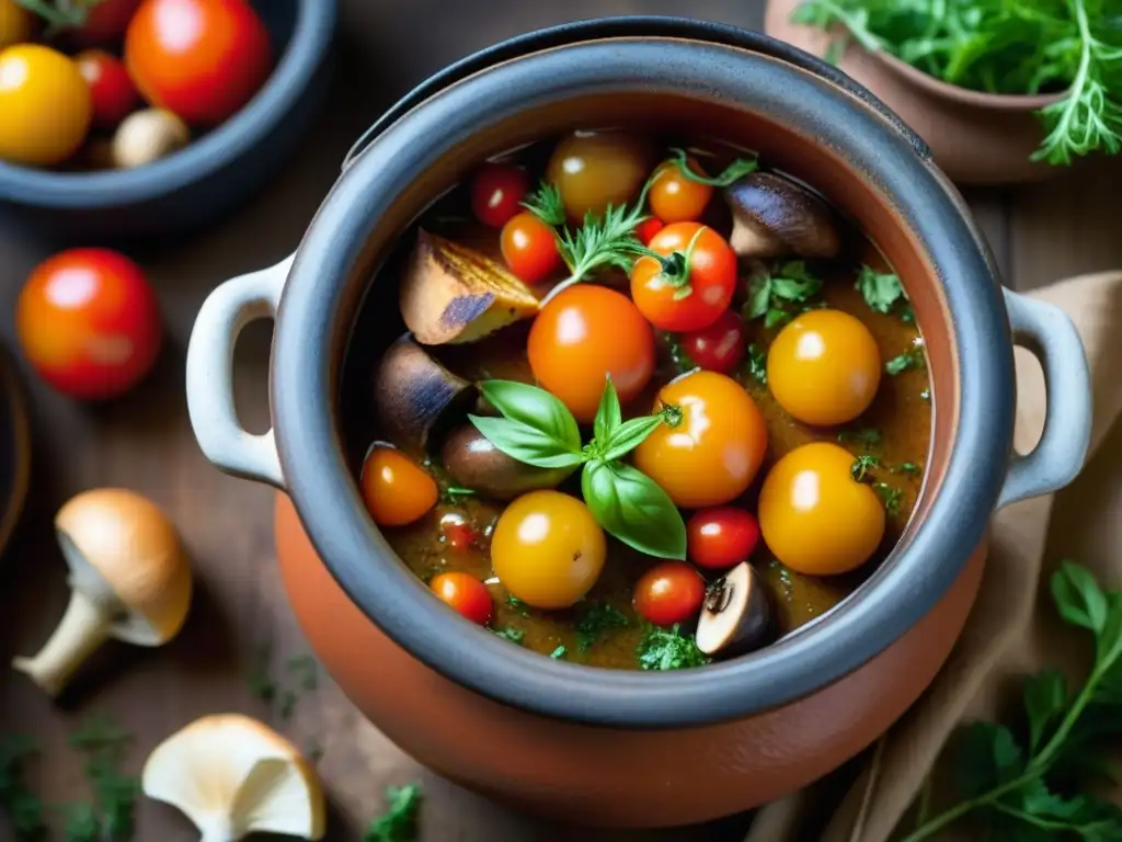 Olla de barro antigua con guiso aromático cocinándose sobre fuego