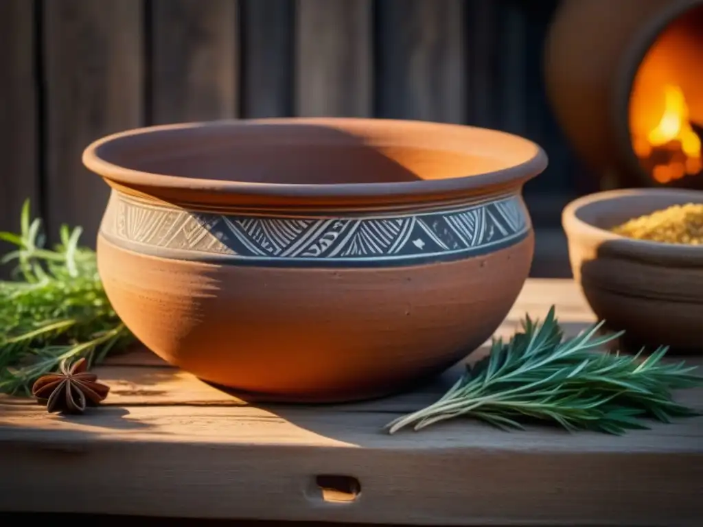 Una olla de barro antigua iluminada con una luz cálida, rodeada de hierbas secas y especias, destacando su relevancia cultural