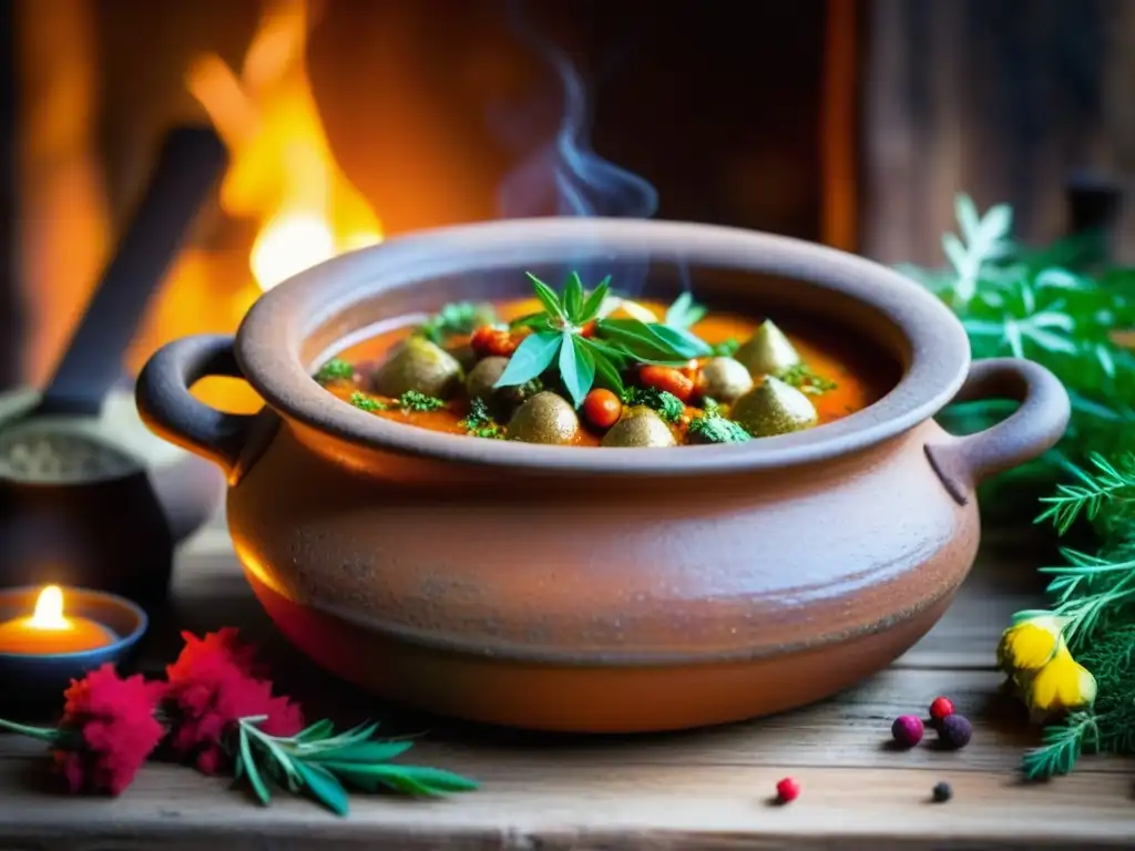 Una olla de barro antigua llena de estofado burbujeante rodeada de especias coloridas y hierbas, sobre una mesa de madera rústica iluminada por velas