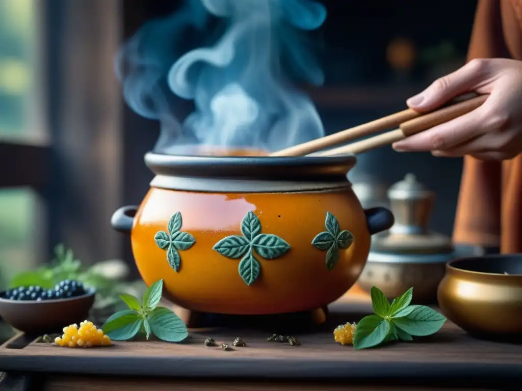 Una olla de barro nórdica antigua llena de una mezcla burbujeante de miel, bayas y hierbas, cocinando sobre fuego