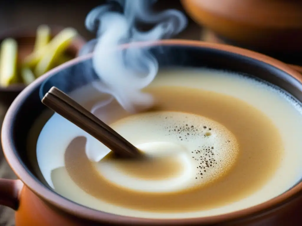 Una olla de barro con atole caliente, originario de México, con cucharita de madera