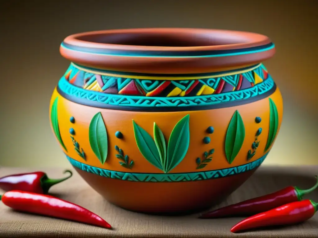 Una olla de barro azteca con ingredientes antiguos como semillas de chía y chiles, rescatando recetas aztecas históricas