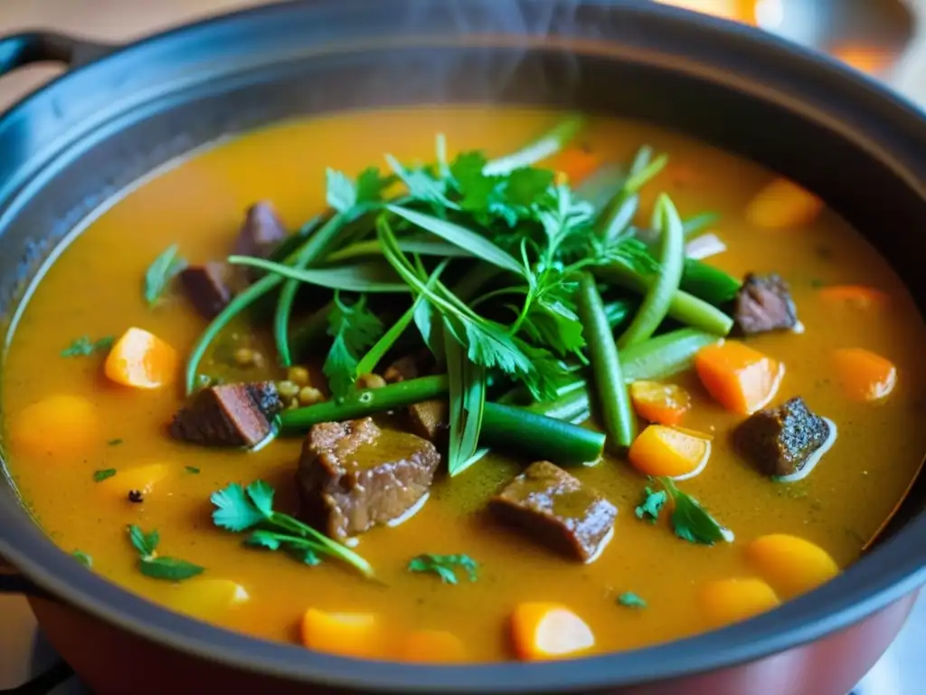 Una olla de barro burbujeante llena de guiso aromático, reflejando la calidez de recetas históricas culturales de cocción lenta