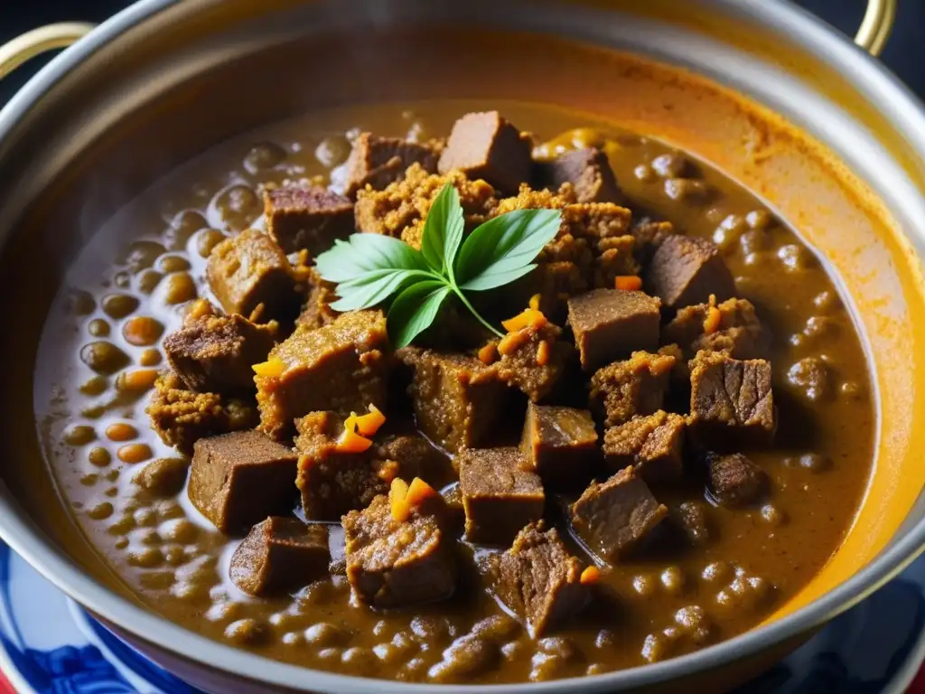 Una olla de barro burbujeante llena de sabroso curry rendang, con carne tierna en salsa de coco