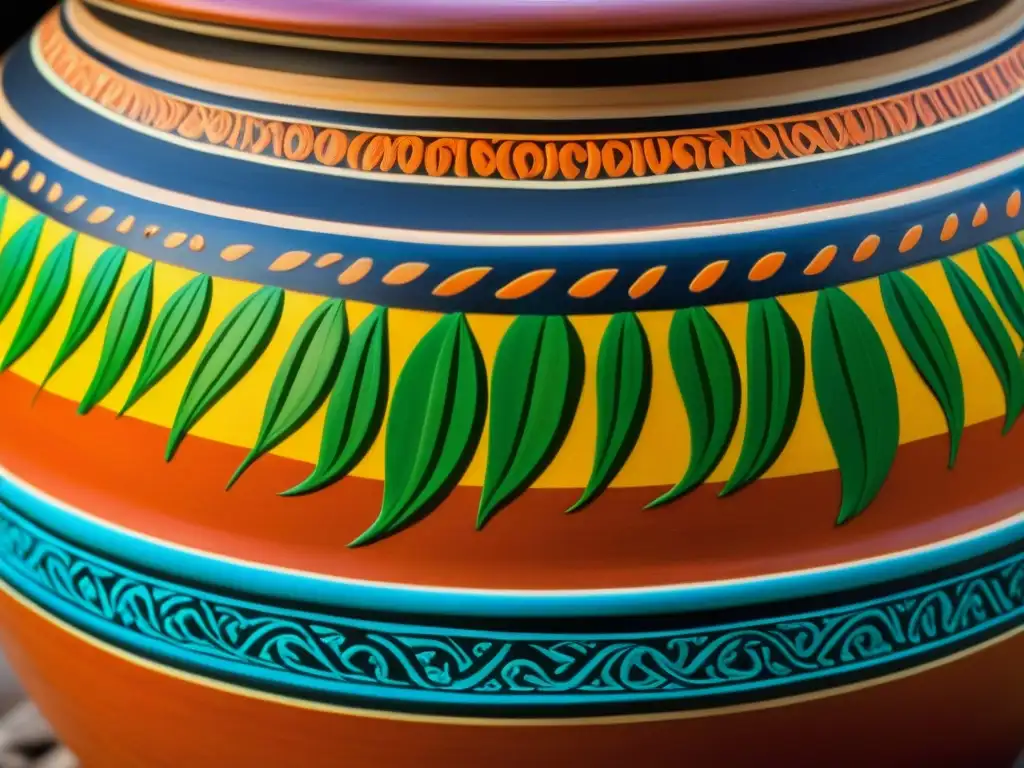 Una olla de barro centenaria llena de verduras encurtidas, destacando patrones y texturas