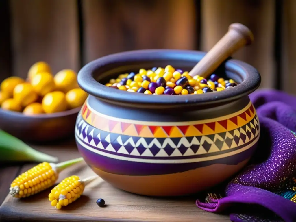 Una olla de barro con chicha burbujeante rodeada de ingredientes andinos coloridos