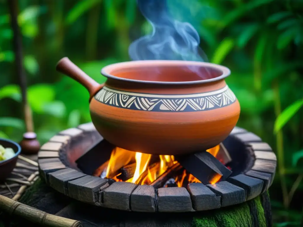 Olla de barro amazónica: tradición culinaria en la selva Una olla de barro amazónica sobre fuego, con guiso aromático y vapor