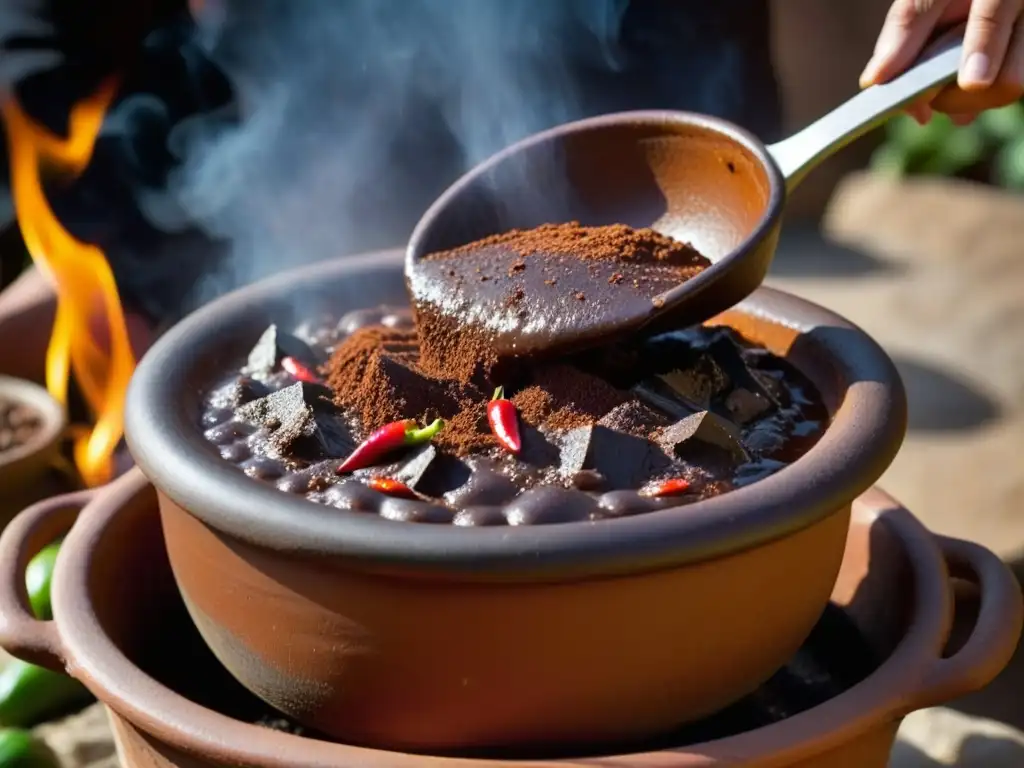 Una olla de barro grande con mole mexicano tradicional siendo revuelto lentamente sobre fuego abierto