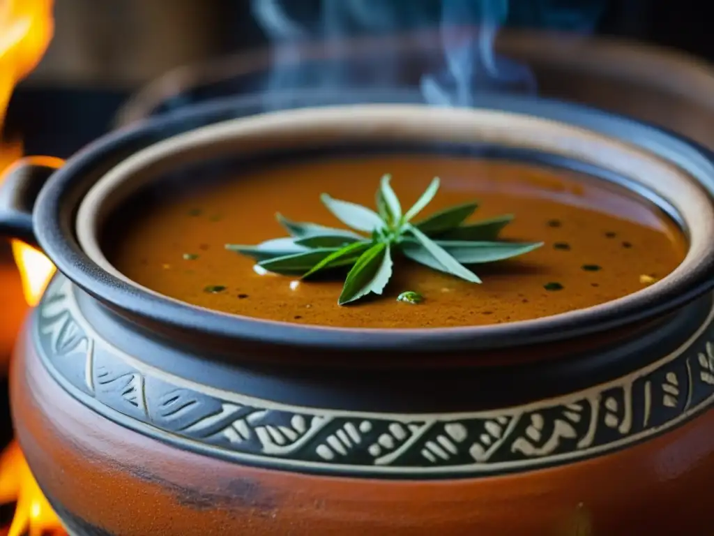 Una olla de barro cocinando un guiso aromático en una cocina histórica