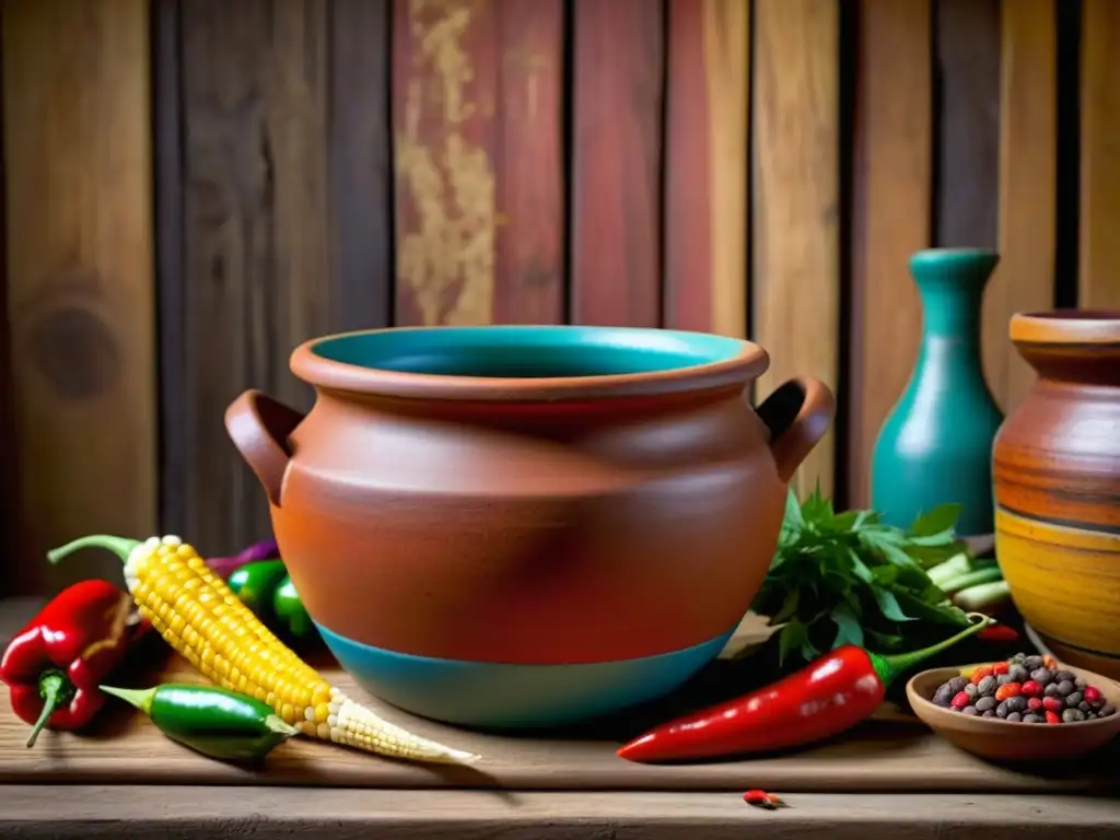 Una olla de barro con ingredientes coloridos en una cocina rústica