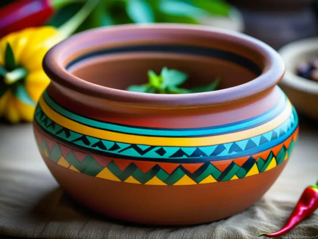 Una olla de barro con ingredientes coloridos de la gastronomía precolombina América recetas históricas