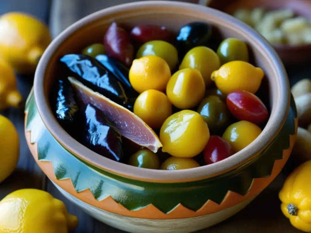 Una olla de barro llena de alimentos conservados: frutas secas, embutidos y vegetales encurtidos