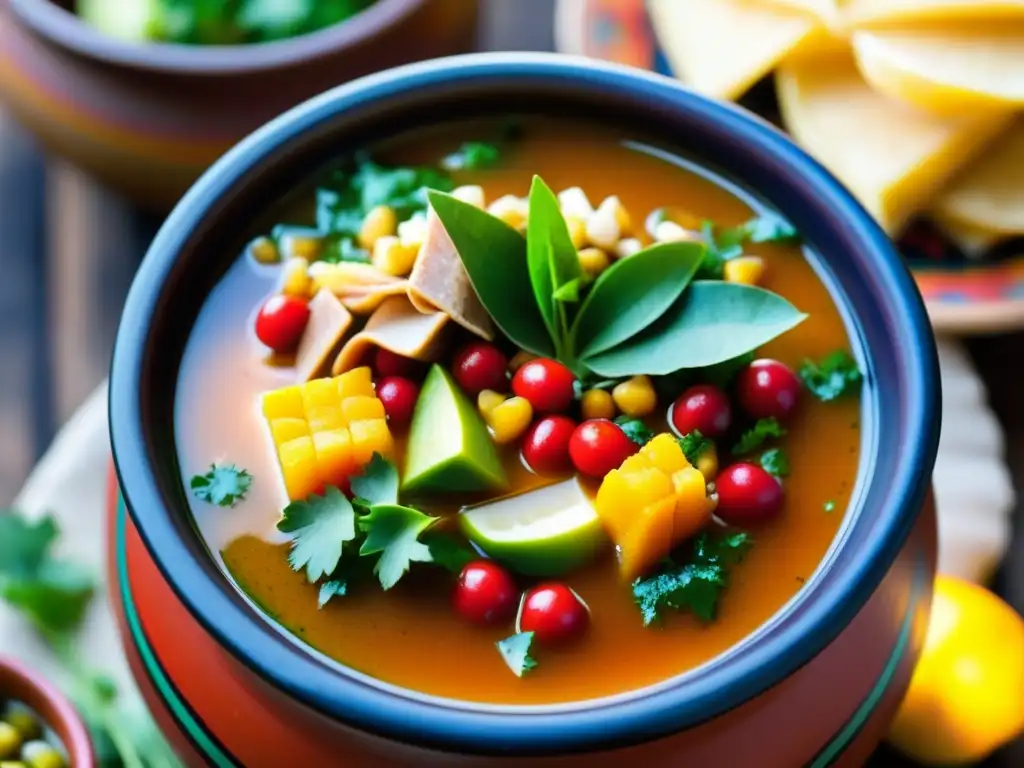 Una olla de barro llena de colorido pozole, con maíz mote rojo, carne de cerdo y epazote, destacando los orígenes históricos del platillo