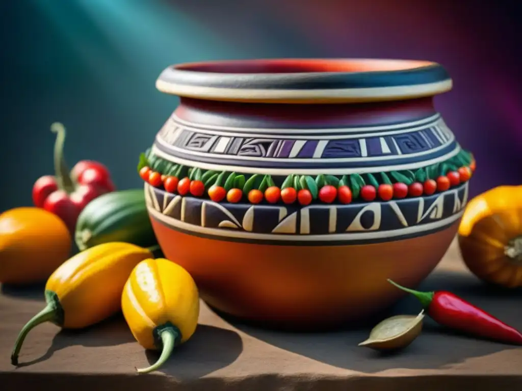 Una olla de barro azteca llena de frutas y vegetales coloridos conservados, resaltando la preservación alimentos época azteca