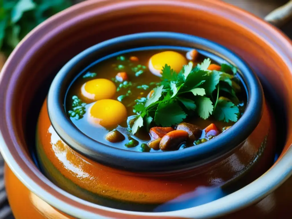 Una olla de barro llena de guiso, evocando la cocina mestiza de la era colonial con sus colores y aromas