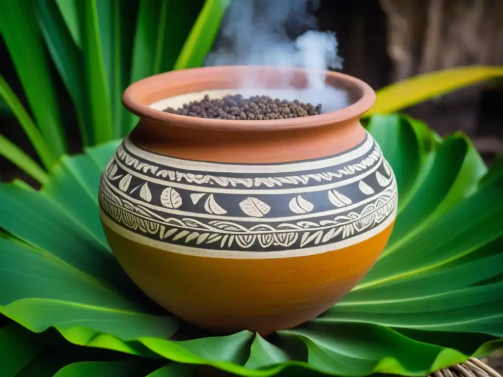 Una olla de barro llena de ingredientes fermentados rodeada de hierbas indígenas en hojas de plátano