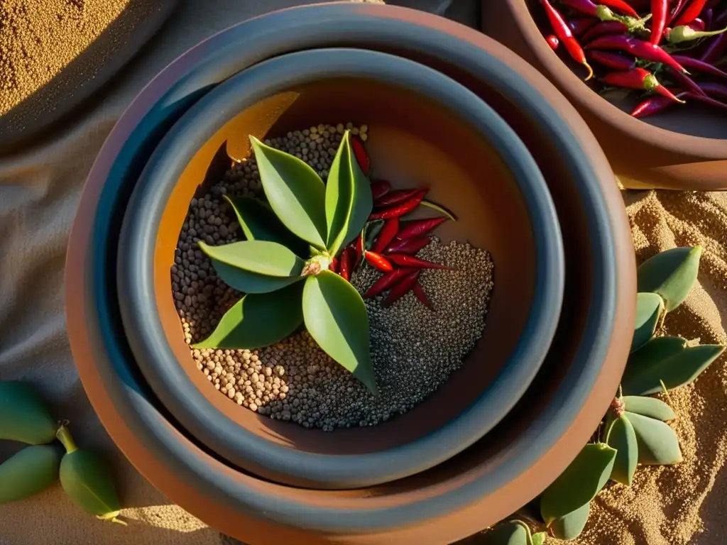 Una olla de barro llena de ingredientes del desierto, reflejando la adaptación culinaria de la dieta conquista adaptación desierto