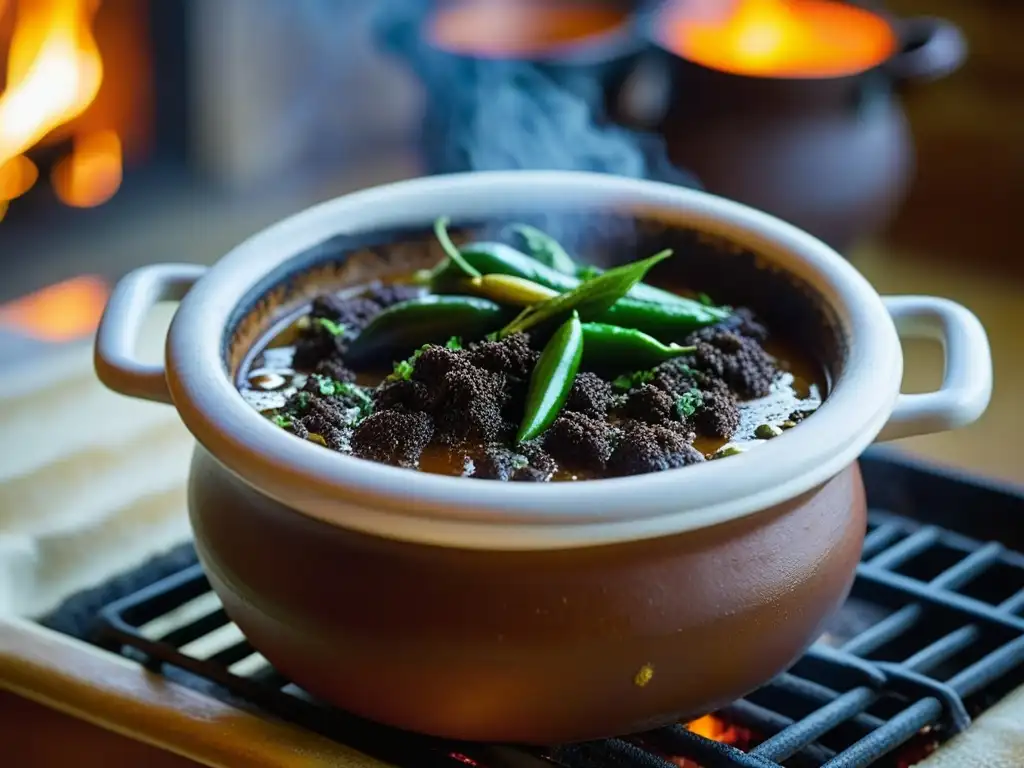 Una olla de barro llena de Mole Poblano burbujeante, en una cocina iluminada por luz dorada