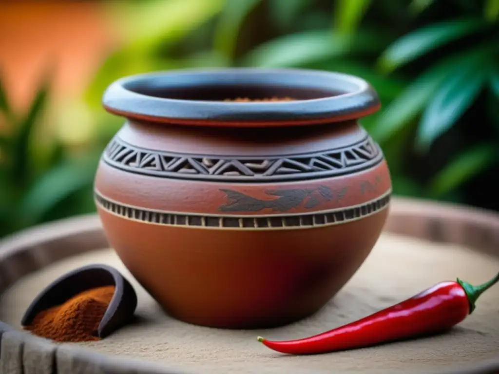 Una olla de barro maya llena de chocolate de cacao, canela y chile rojo, rodeada de vegetación y jeroglíficos, evocando sabores ancestrales