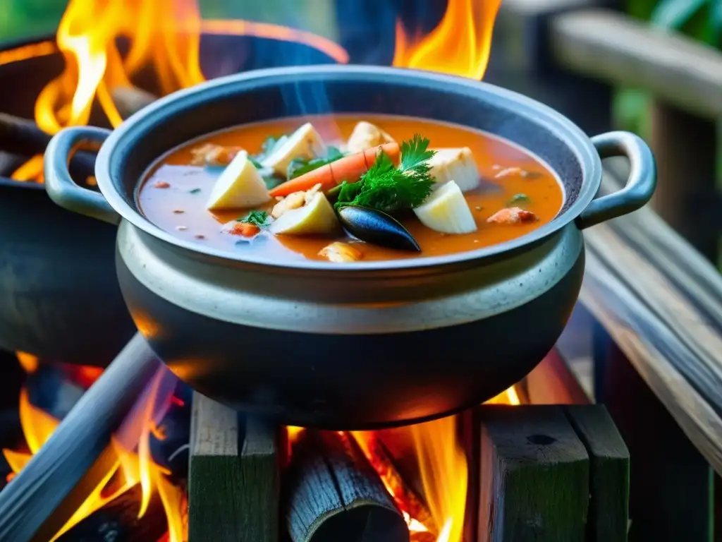 Una olla de barro micronésica con leche de coco y estofado de mariscos burbujeante sobre fuego