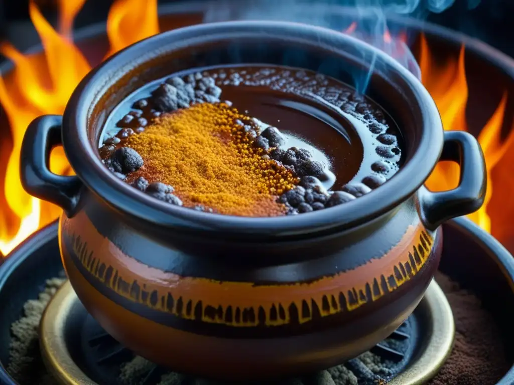 Una olla de barro con mole burbujeante sobre fuego, evocando recetas históricas México platos emblemáticos