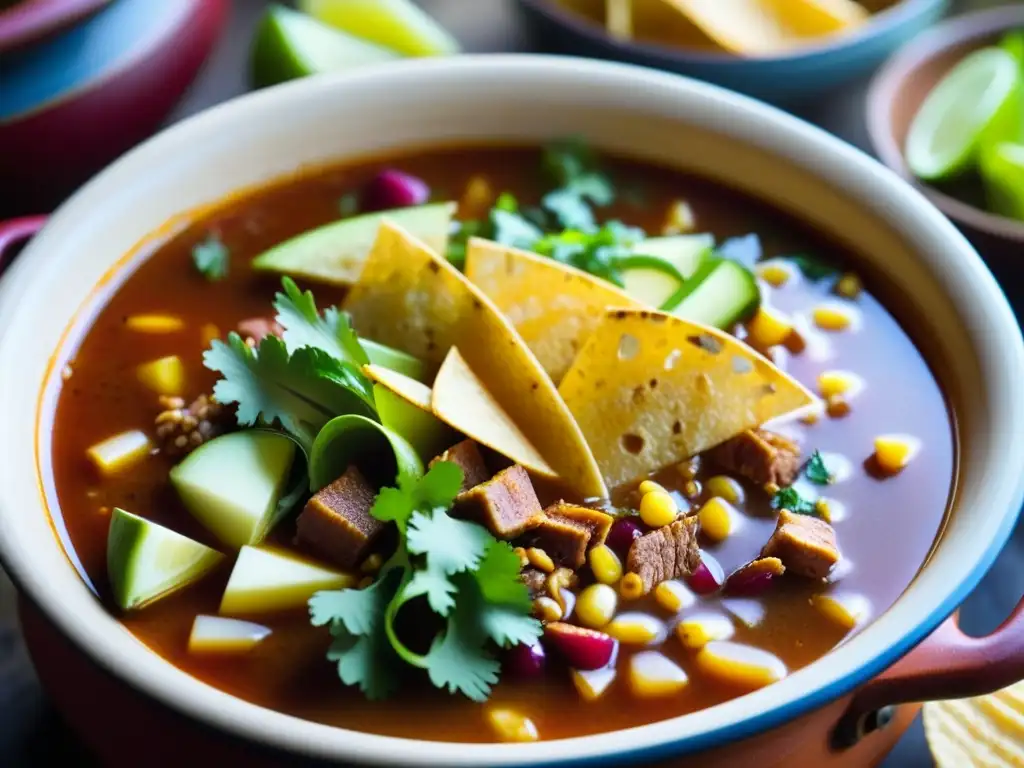 Una olla de barro con pozole rojo tradicional, maíz, carne de cerdo y vegetales