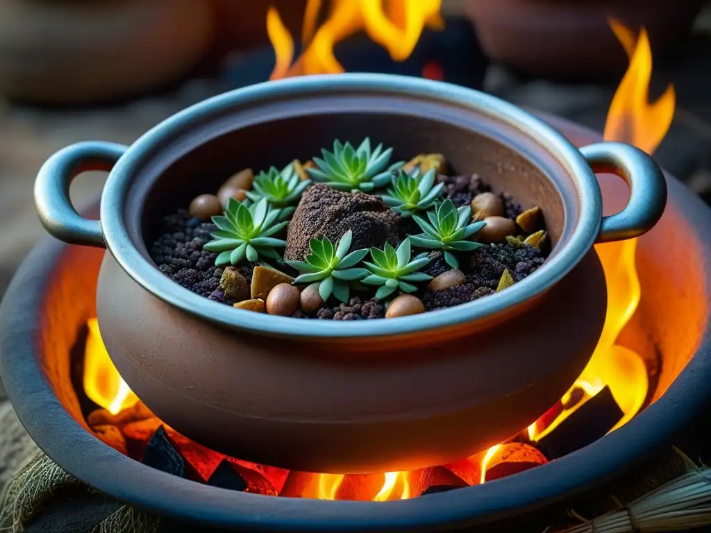 Una olla de barro prehispánica llena de carne de guajolote y venado en salsa aromática