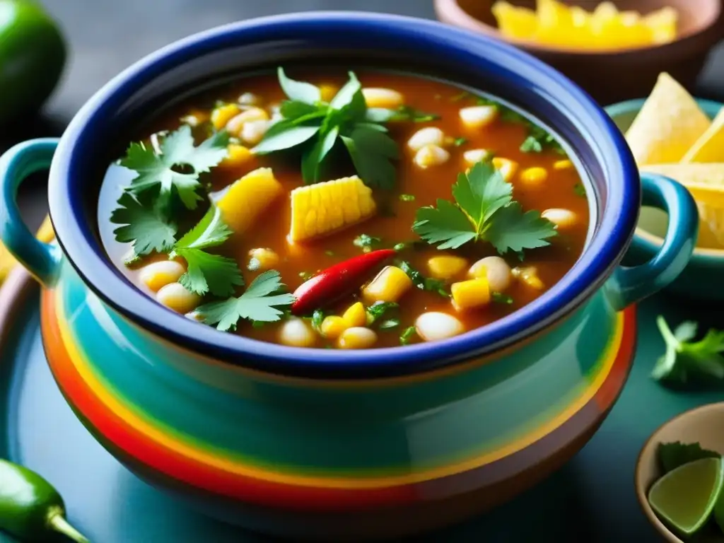 Una olla de barro rebosante de pozole prehispánico, con maíz, chiles y carne tierna, resaltando colores y texturas