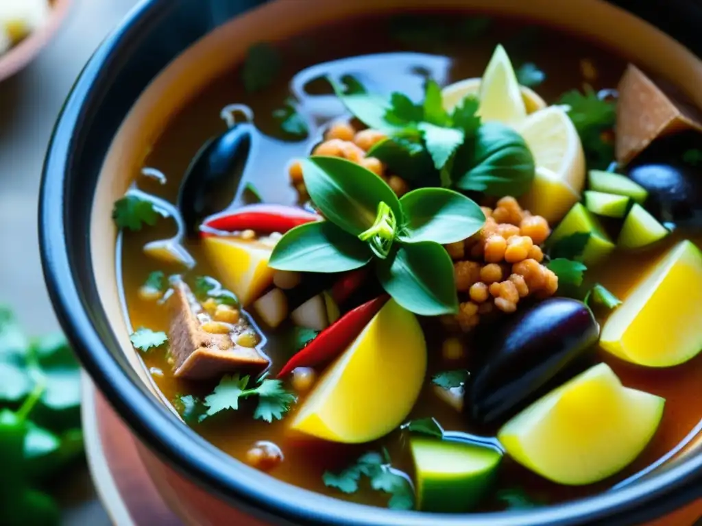 Una olla de barro rebosante de pozole al estilo prehispánico