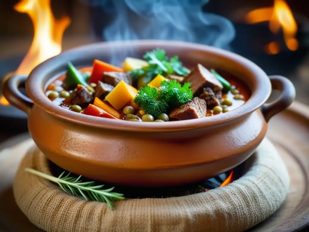 Una olla de barro rústica rebosante de exquisito guiso en la Ruta de la Seda, evocando recetas milenarias y cultura culinaria